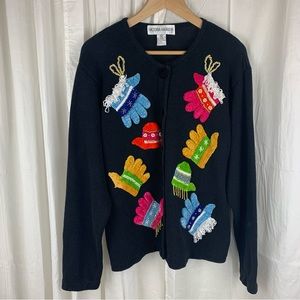 Victoria Harbour Winter Mitten Theme Cardigan Sweater Black Size‎ L